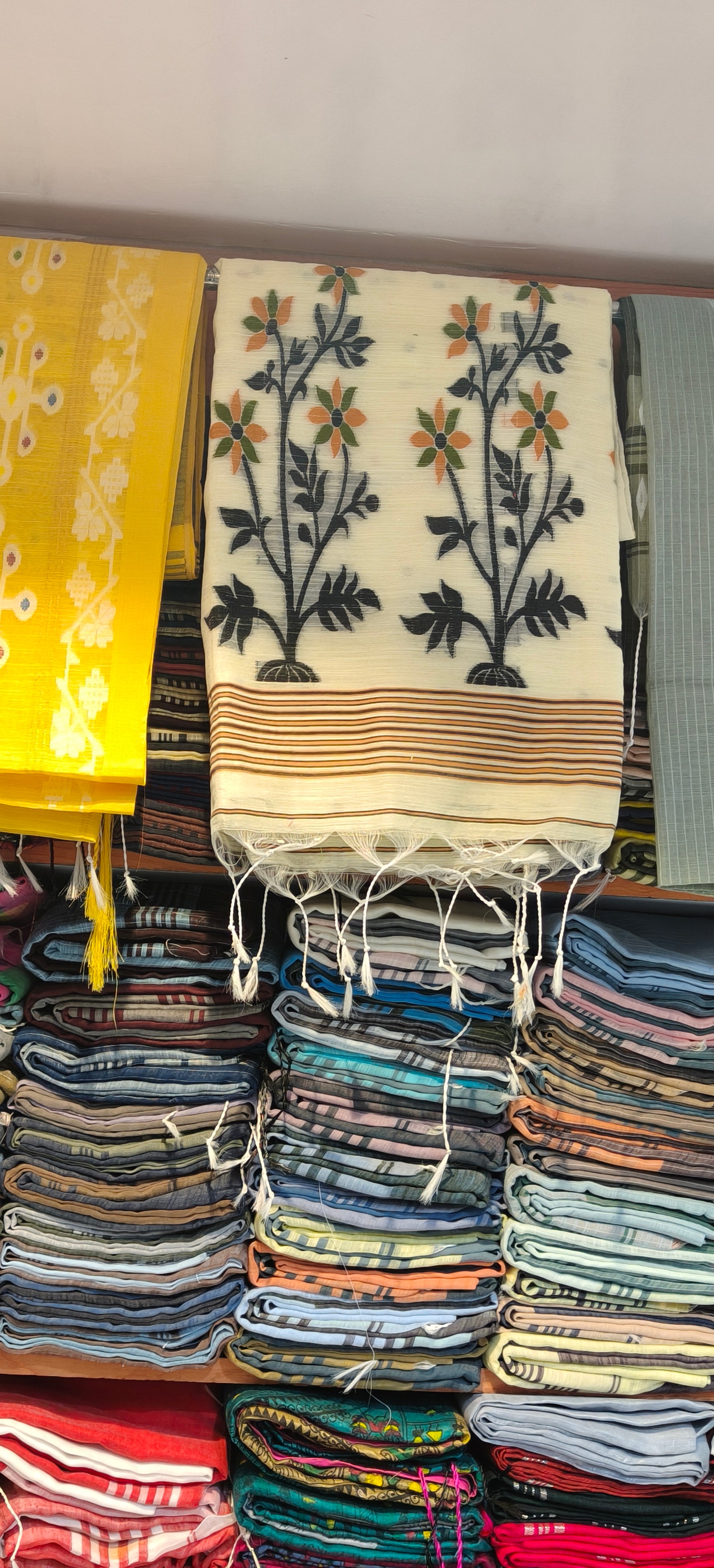 Mixed Tussar Cotton Kantha Saree | Cream with Hand-Embroidered Floral Motifs | Artisan Ethnic Wear