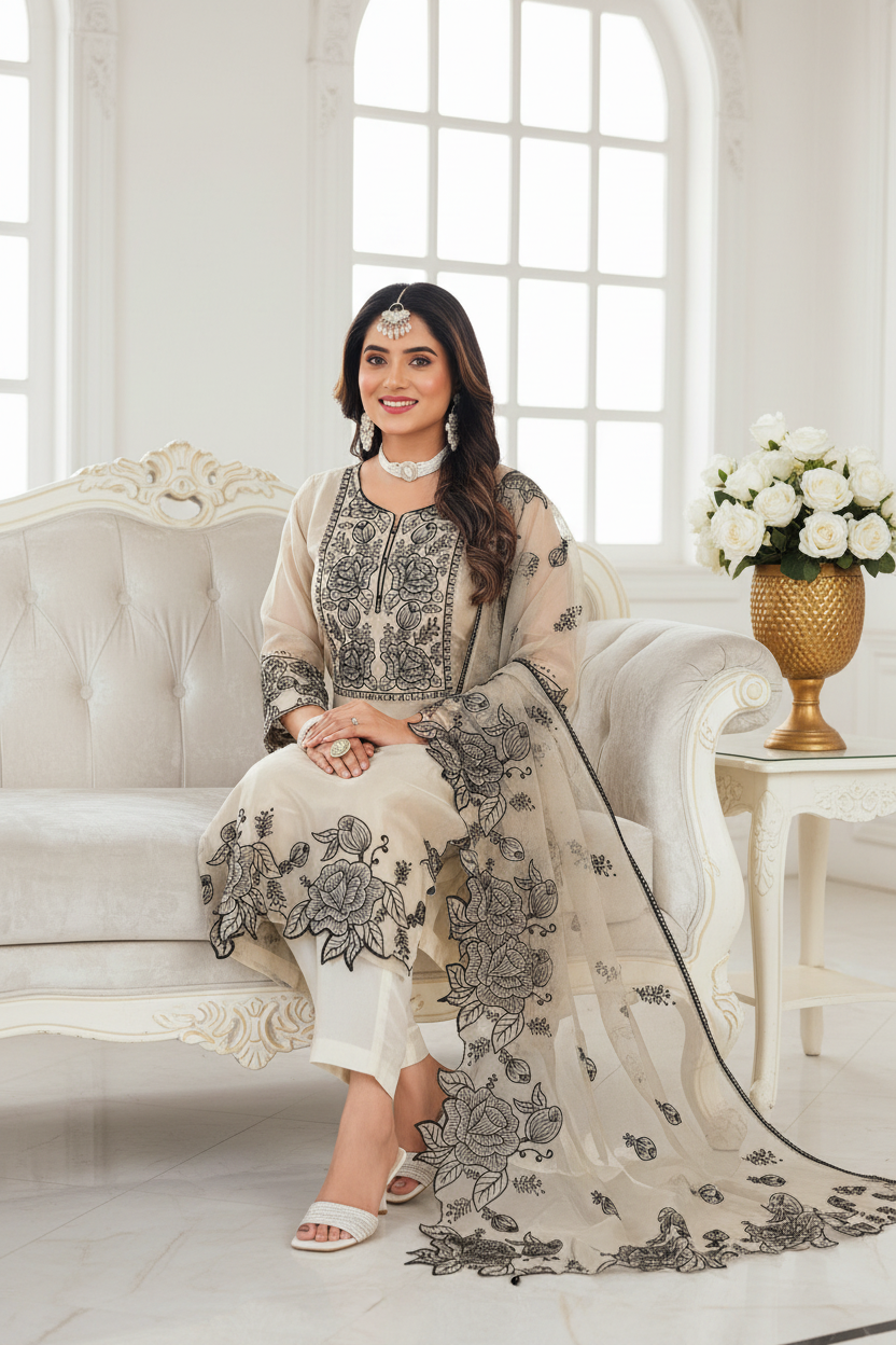 Pearl Blossom | Ivory & Black Floral Embroidered Organza Kurti Set | 3-Piece Ethnic Wear