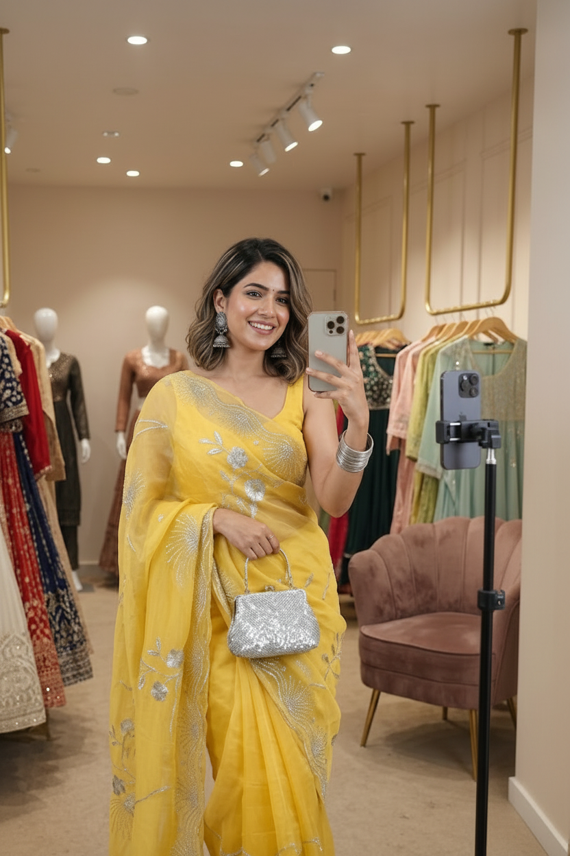 Vibrant Yellow Organza Saree – Festive Ethnic Wear with Silver Floral Handwork