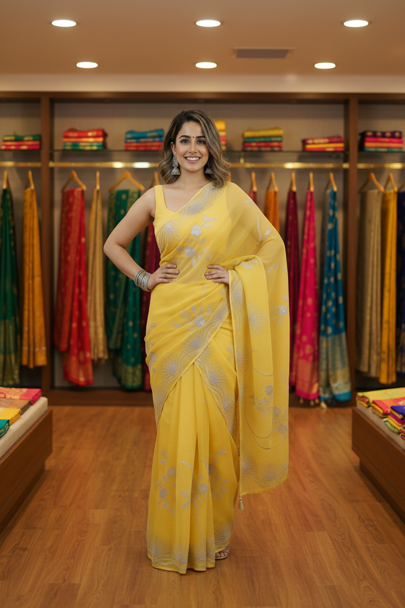 Vibrant Yellow Organza Saree – Festive Ethnic Wear with Silver Floral Handwork