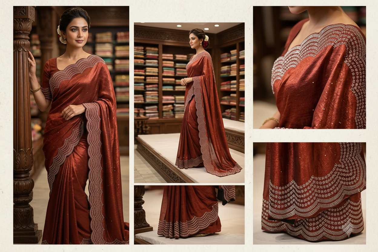 Eternal Rose Red Shimmer Saree featuring Intricate Crystal Scallop Border