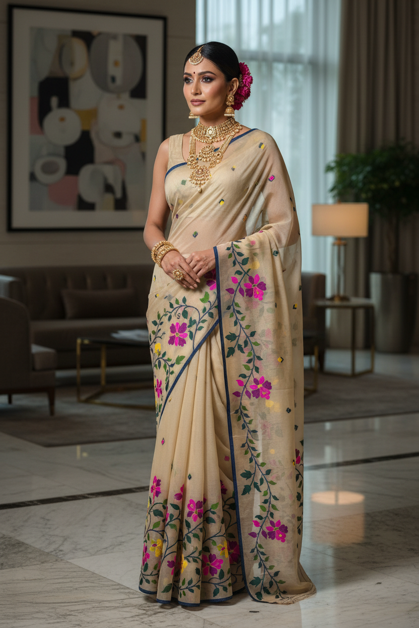 Beige Floral Organza Saree - Pose 1