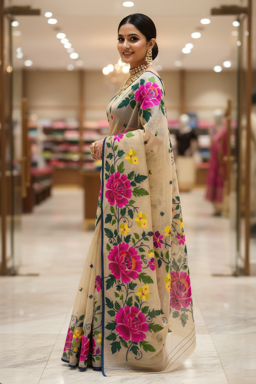 Beige Floral Organza Saree - Pose 2