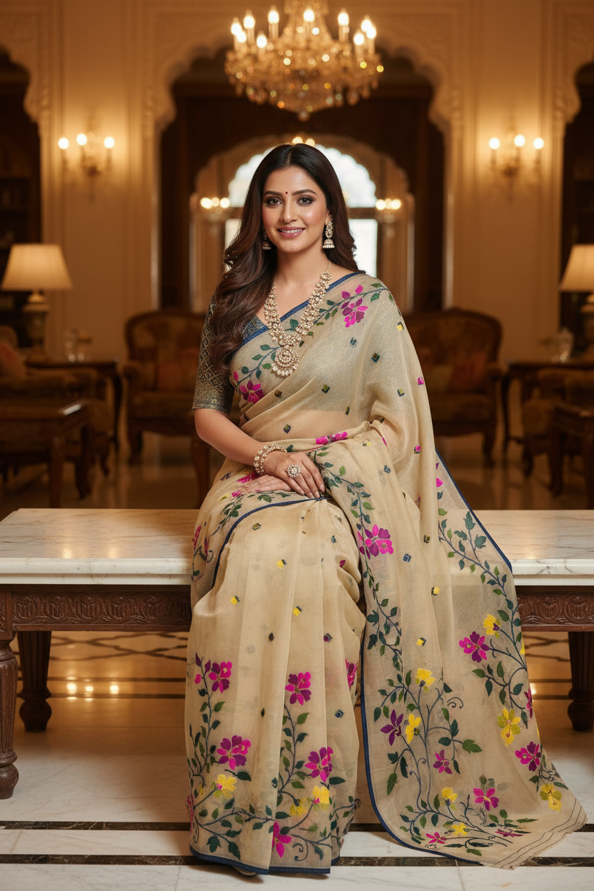 Beige Floral Organza Saree - Pose 3