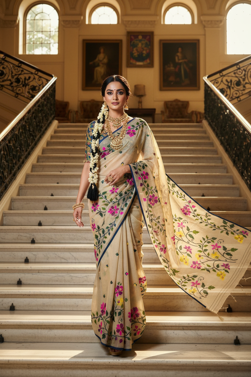 Beige Floral Organza Saree - Pose 4