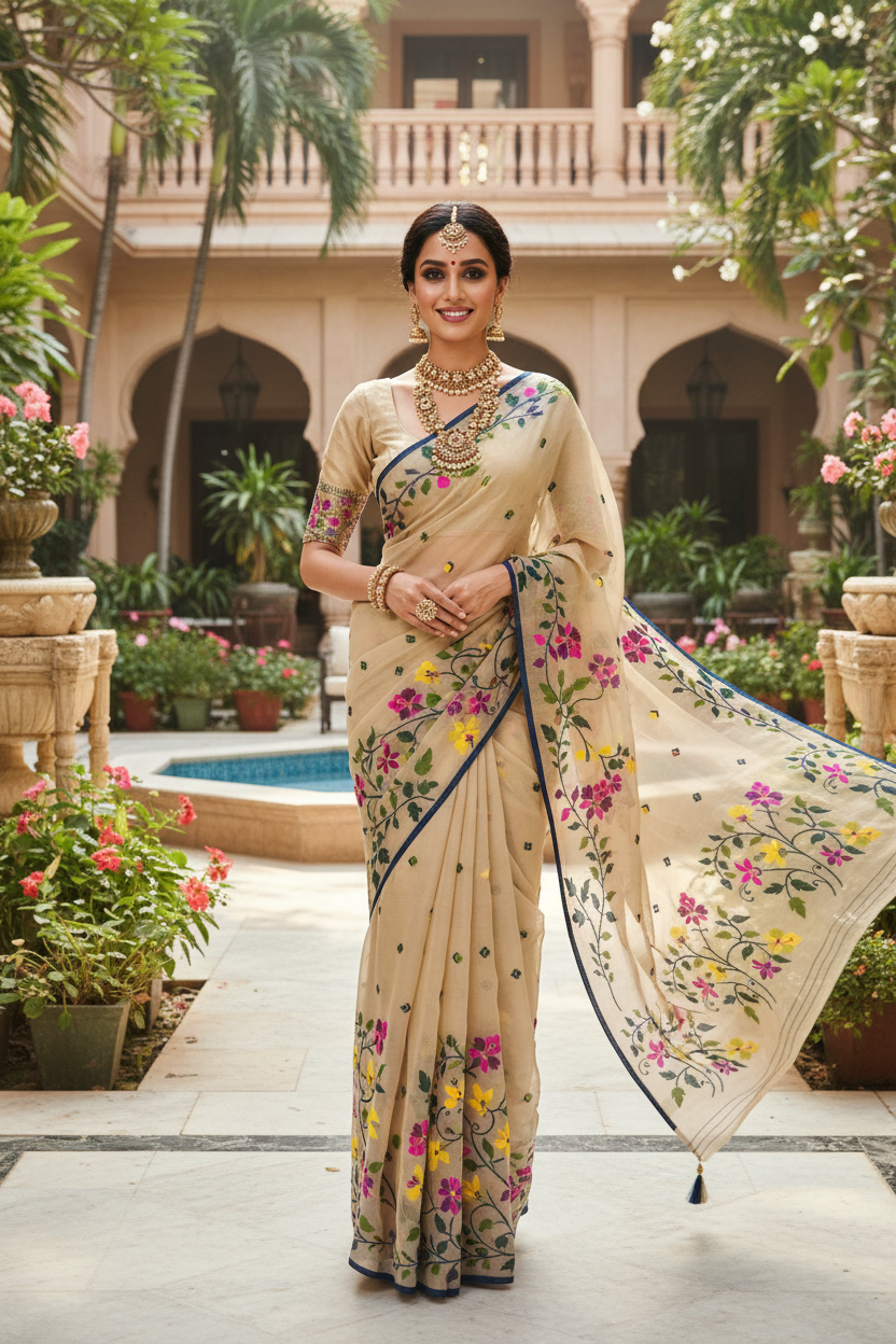 Beige Floral Organza Saree - Pose 5