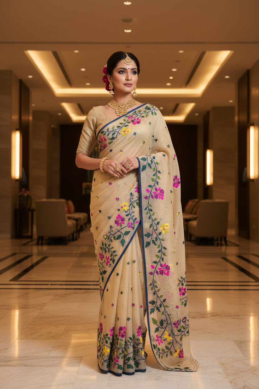 Beige Floral Saree Pose 1