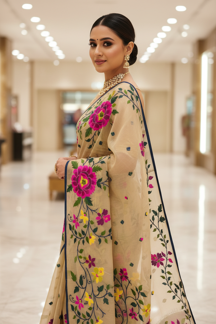 Beige Floral Saree Pose 2