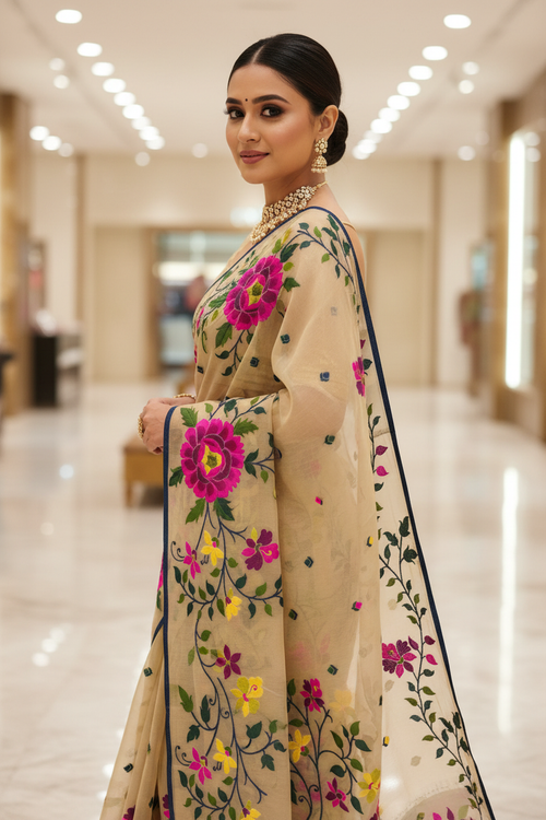 Beige Floral Saree Pose 2