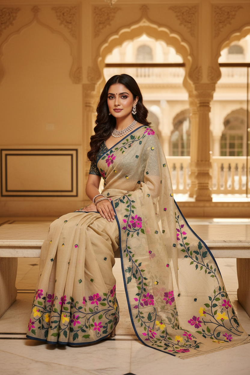 Beige Floral Saree Pose 3