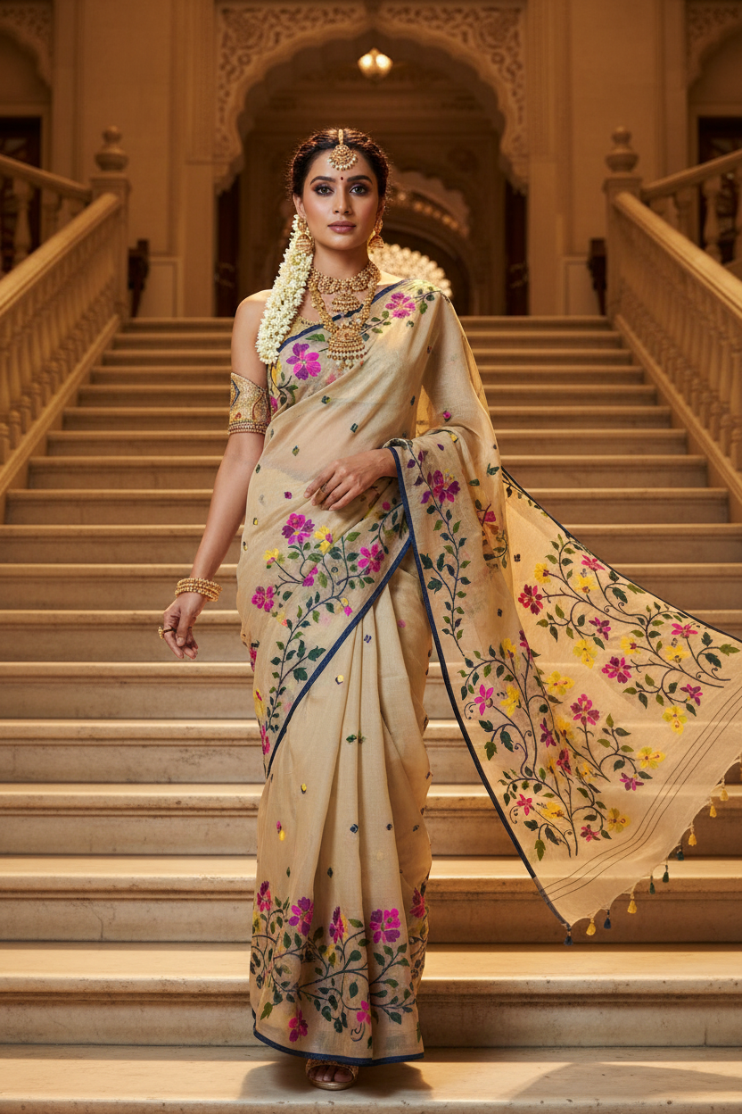 Beige Floral Saree Pose 4