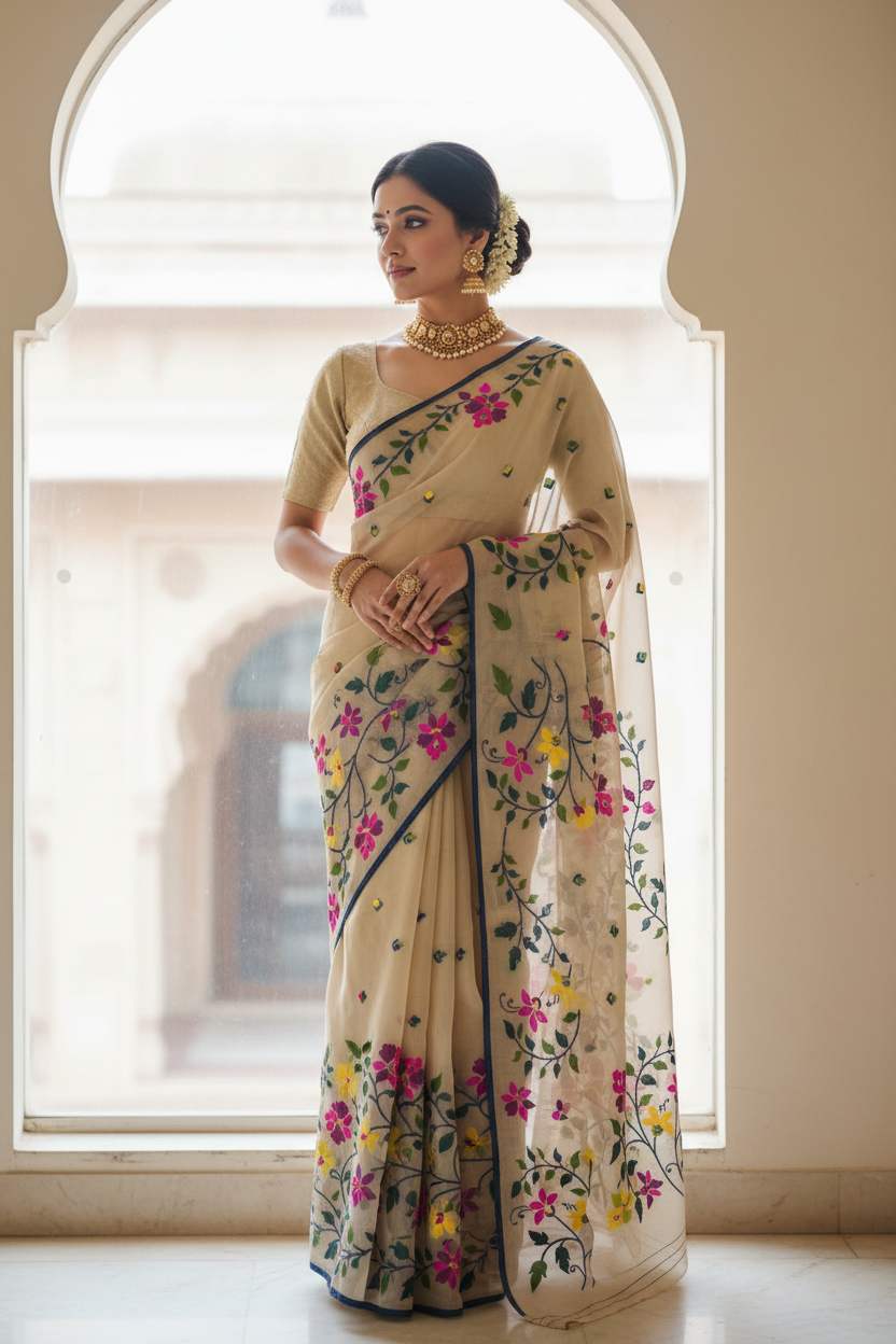 Beige Floral Saree Pose 5