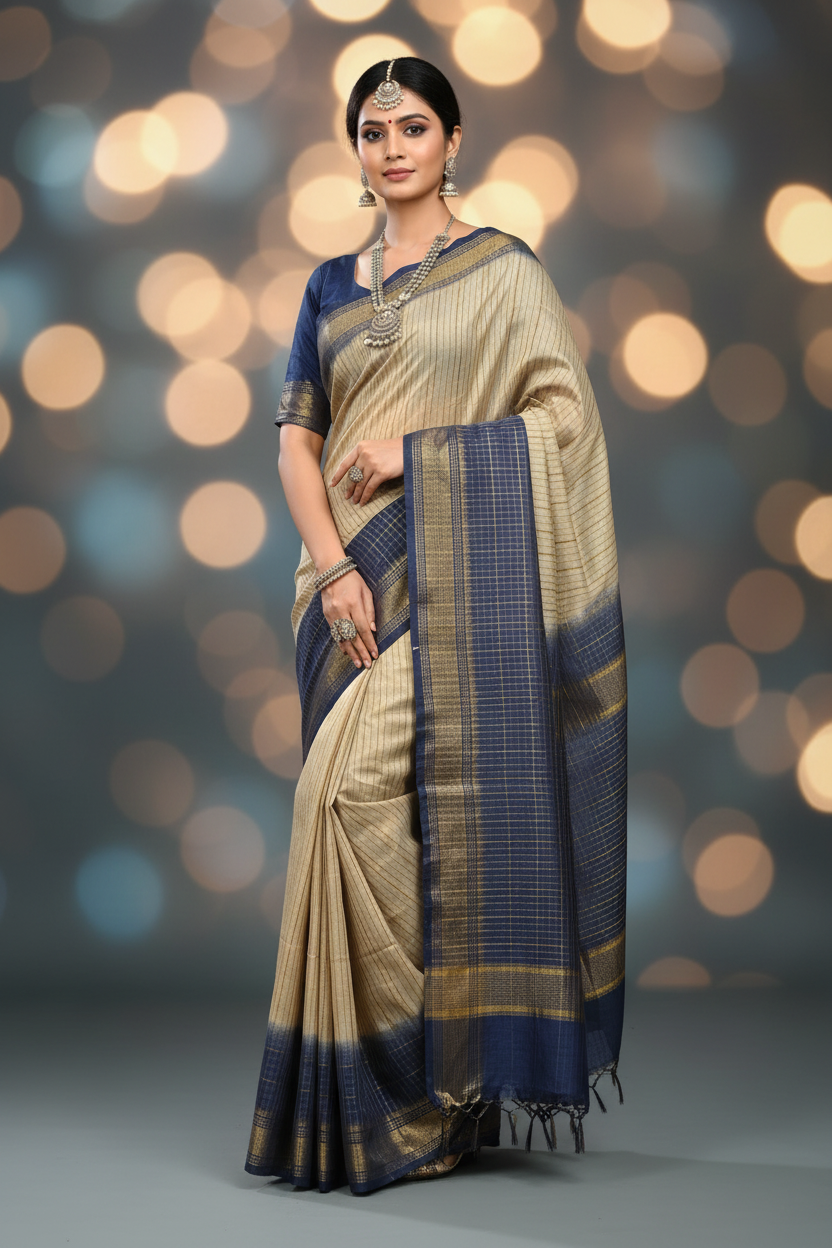 Beige Navy Tussar Saree Model
