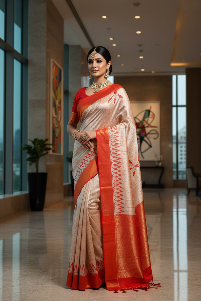 Cream Red Border Saree Model