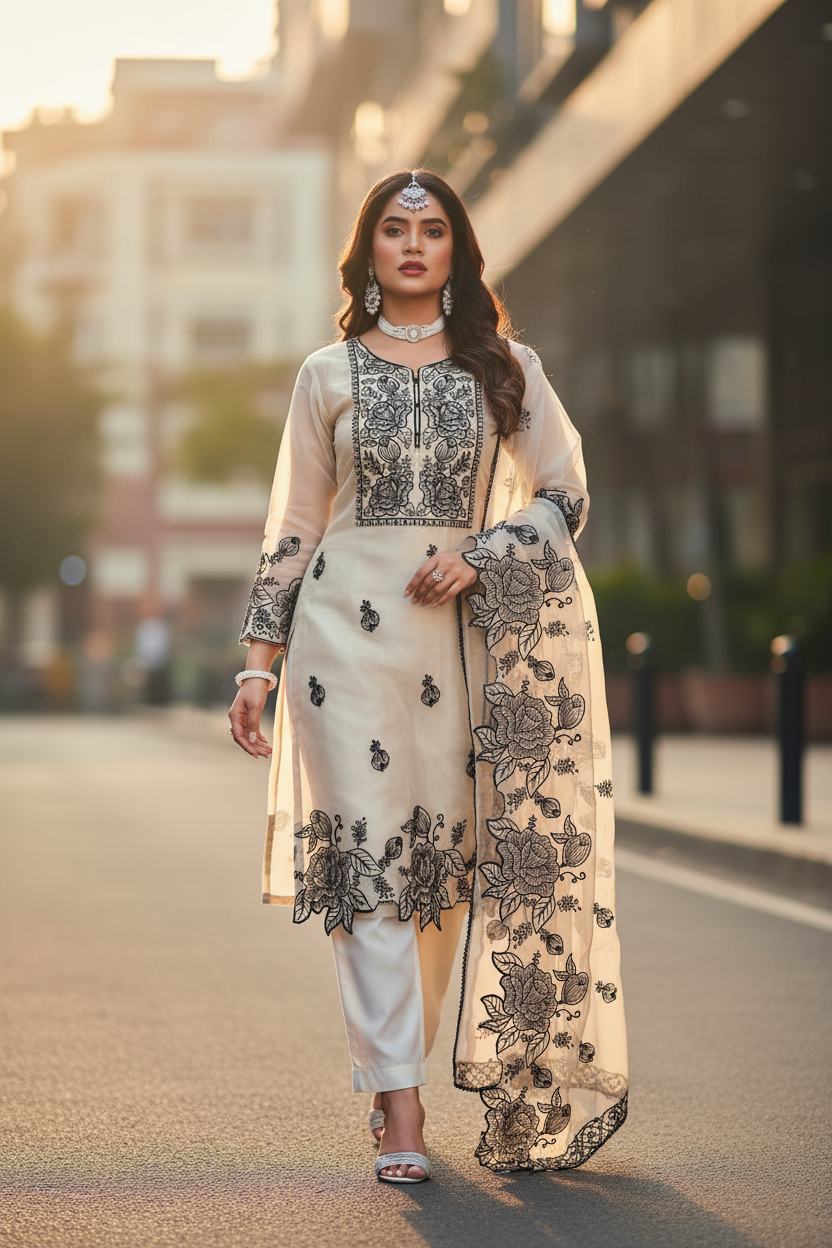Pearl Blossom | Ivory & Black Floral Embroidered Organza Kurti Set | 3-Piece Ethnic Wear