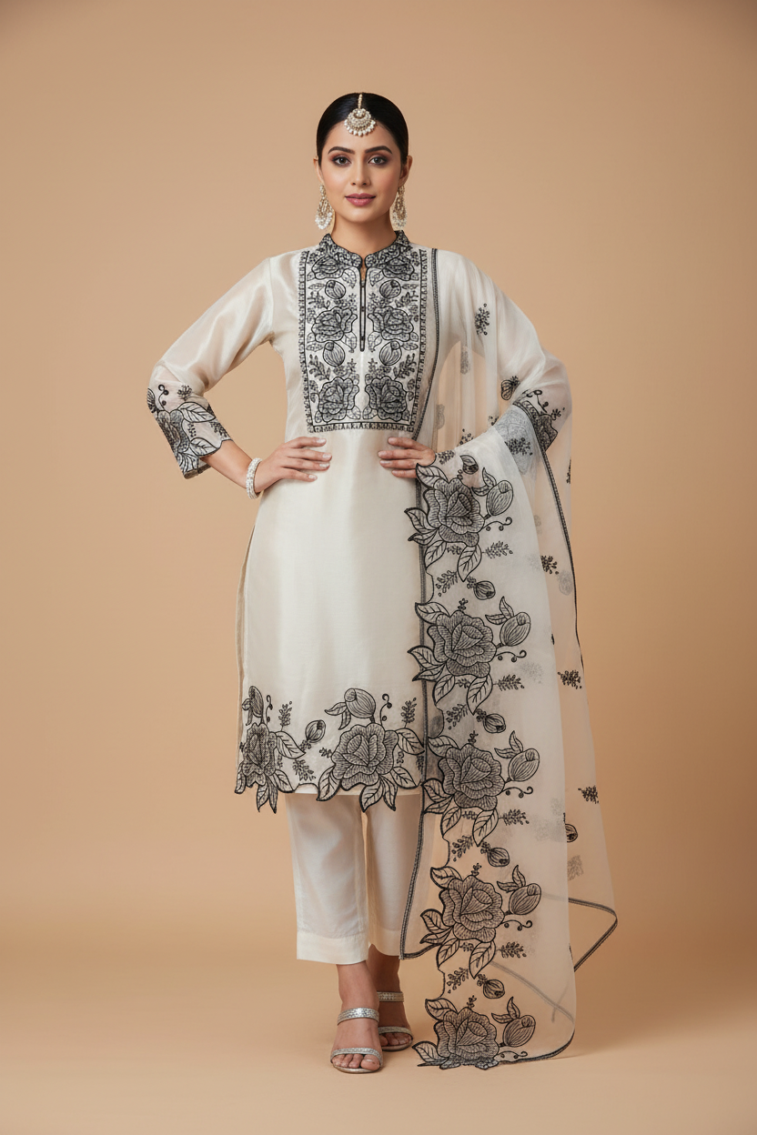 Pearl Blossom | Ivory & Black Floral Embroidered Organza Kurti Set | 3-Piece Ethnic Wear