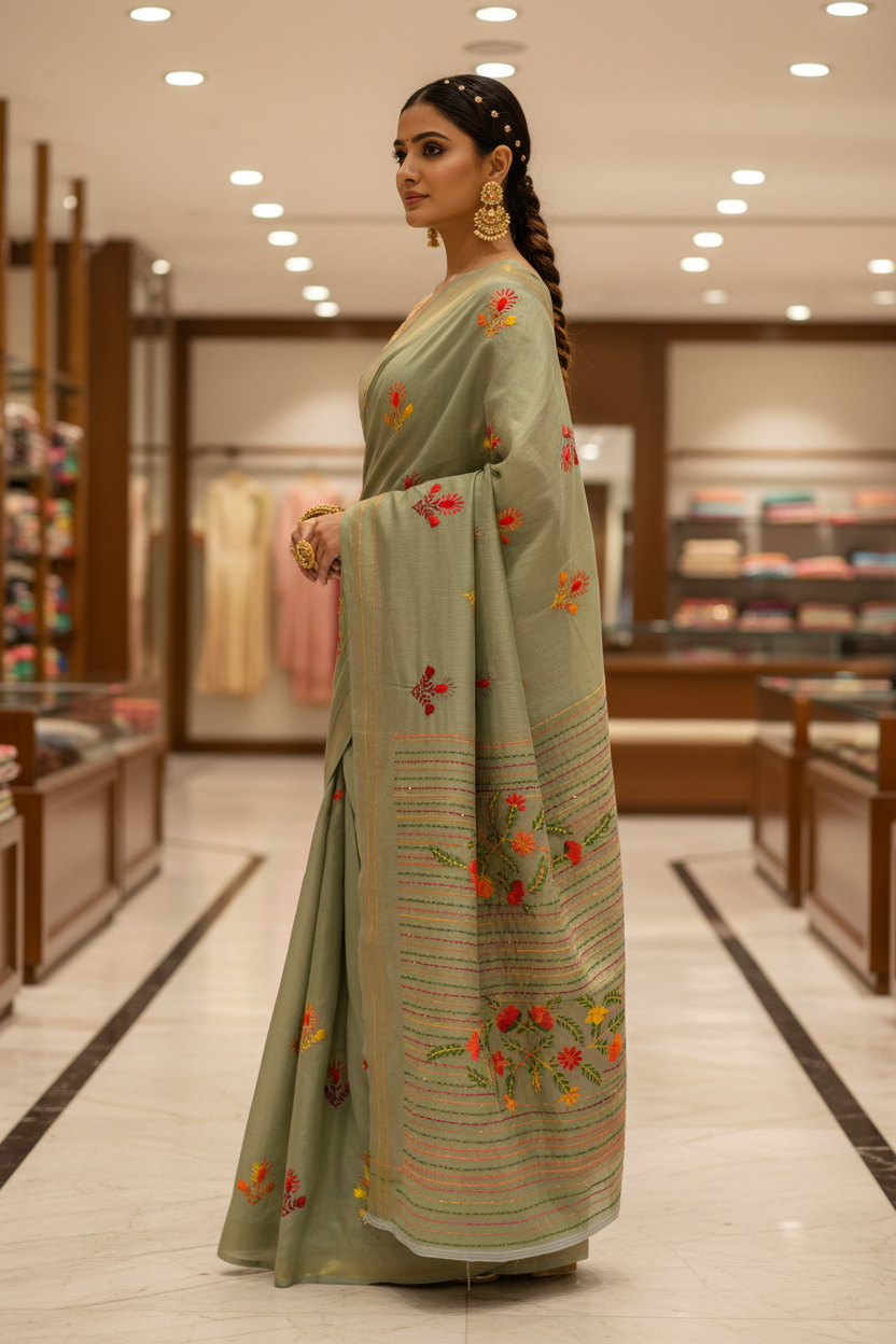 Indian fashion model wearing sage green floral embroidered silk saree, side profile