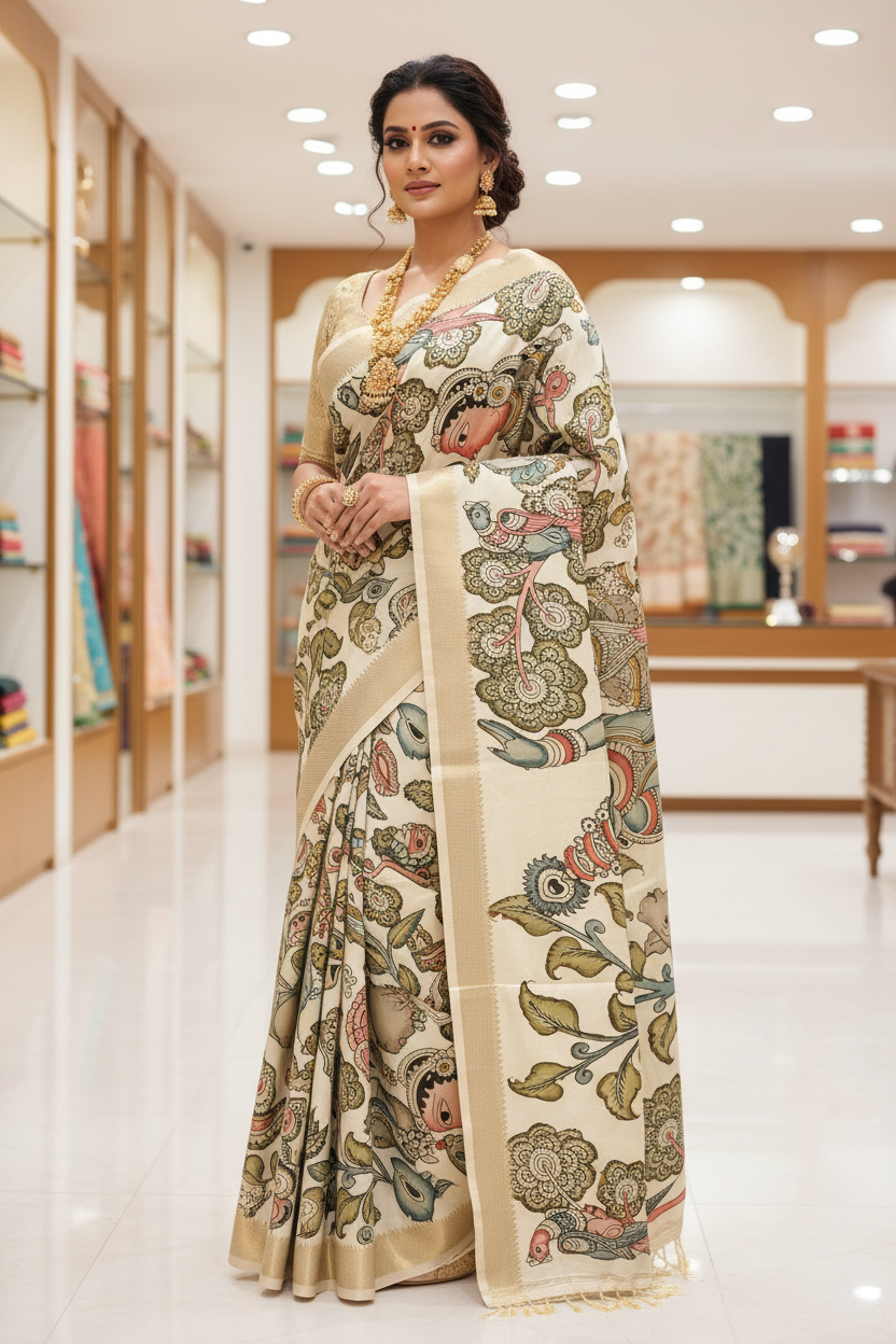 Kalamkari Tussar Cotton Saree - Three Quarter View