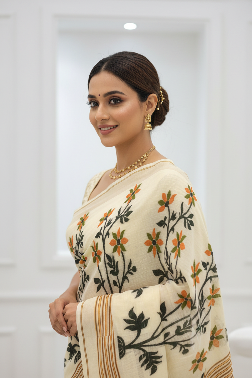 Kantha Tussar Saree - Embroidery Detail