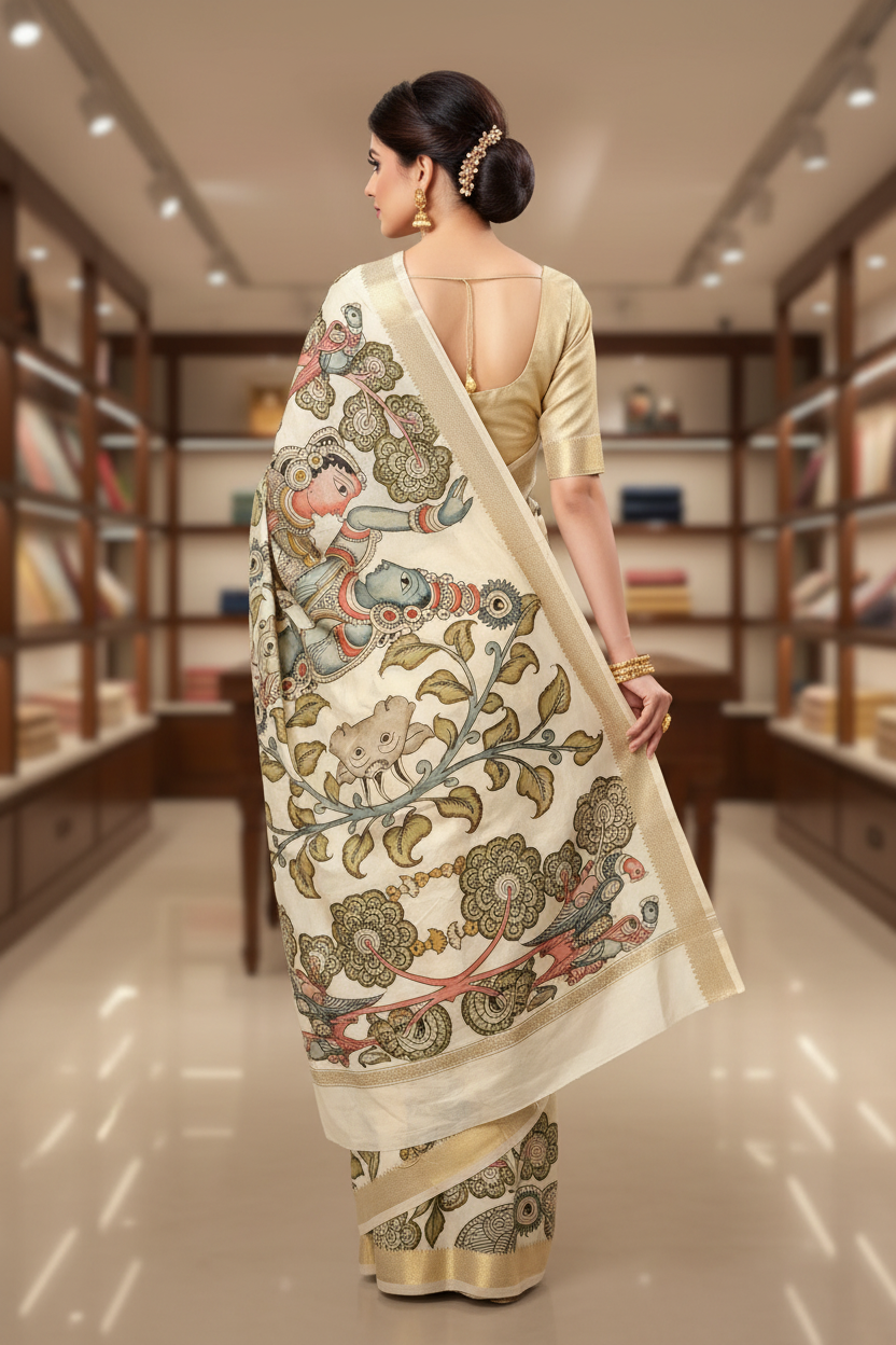Kalamkari Tussar Cotton Saree - Back View