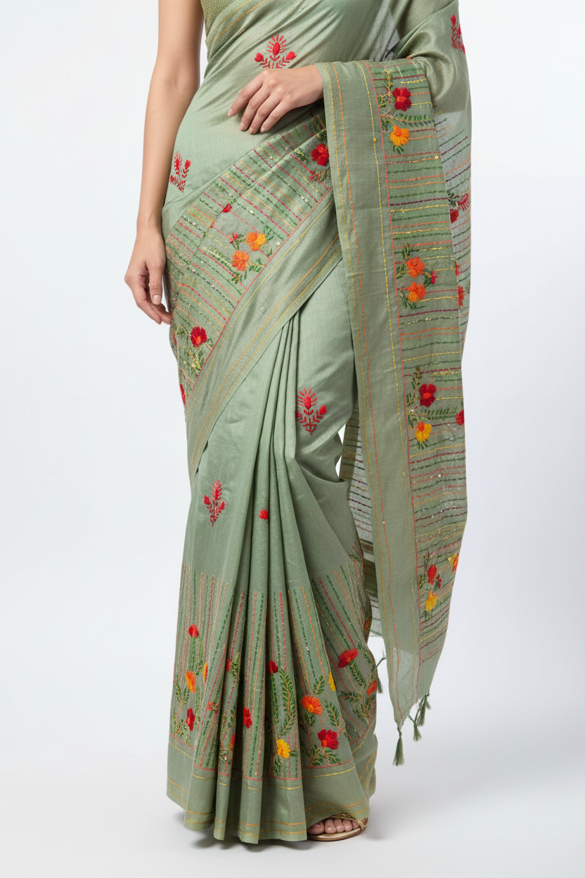 Close up detail of sage green silk saree with multicolour floral hand embroidery