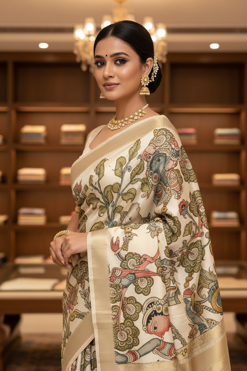 Kalamkari Tussar Cotton Saree - Detail View