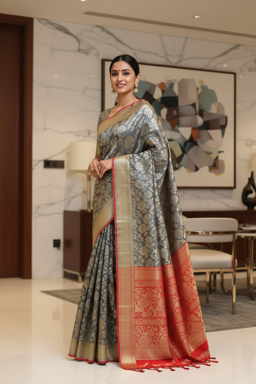 Indian model wearing Dual-Tone Banarasi Saree in modern interior