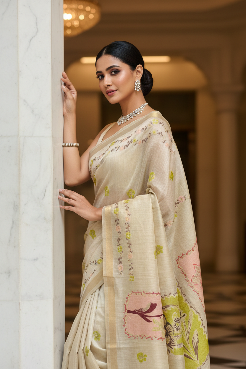 Ivory Tissue Silk Saree - Model Pose 5