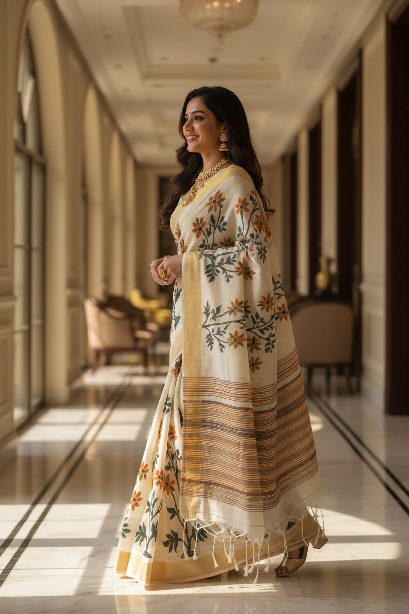 Kantha Tussar Saree - Walking in Corridor