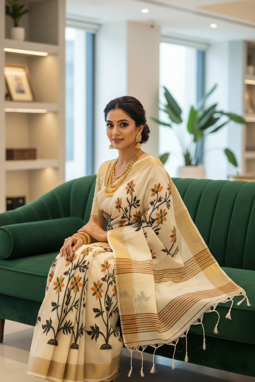 Kantha Tussar Saree - Sitting on Sofa