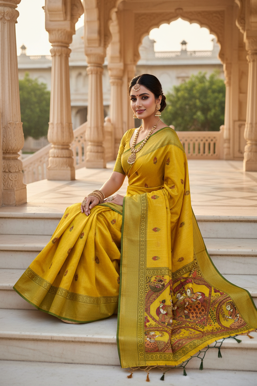 Yellow Kalamkari Saree Model Pose 3