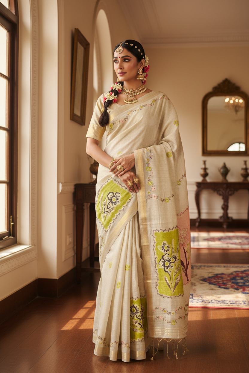 Ivory Tissue Silk Saree - Model Pose 4