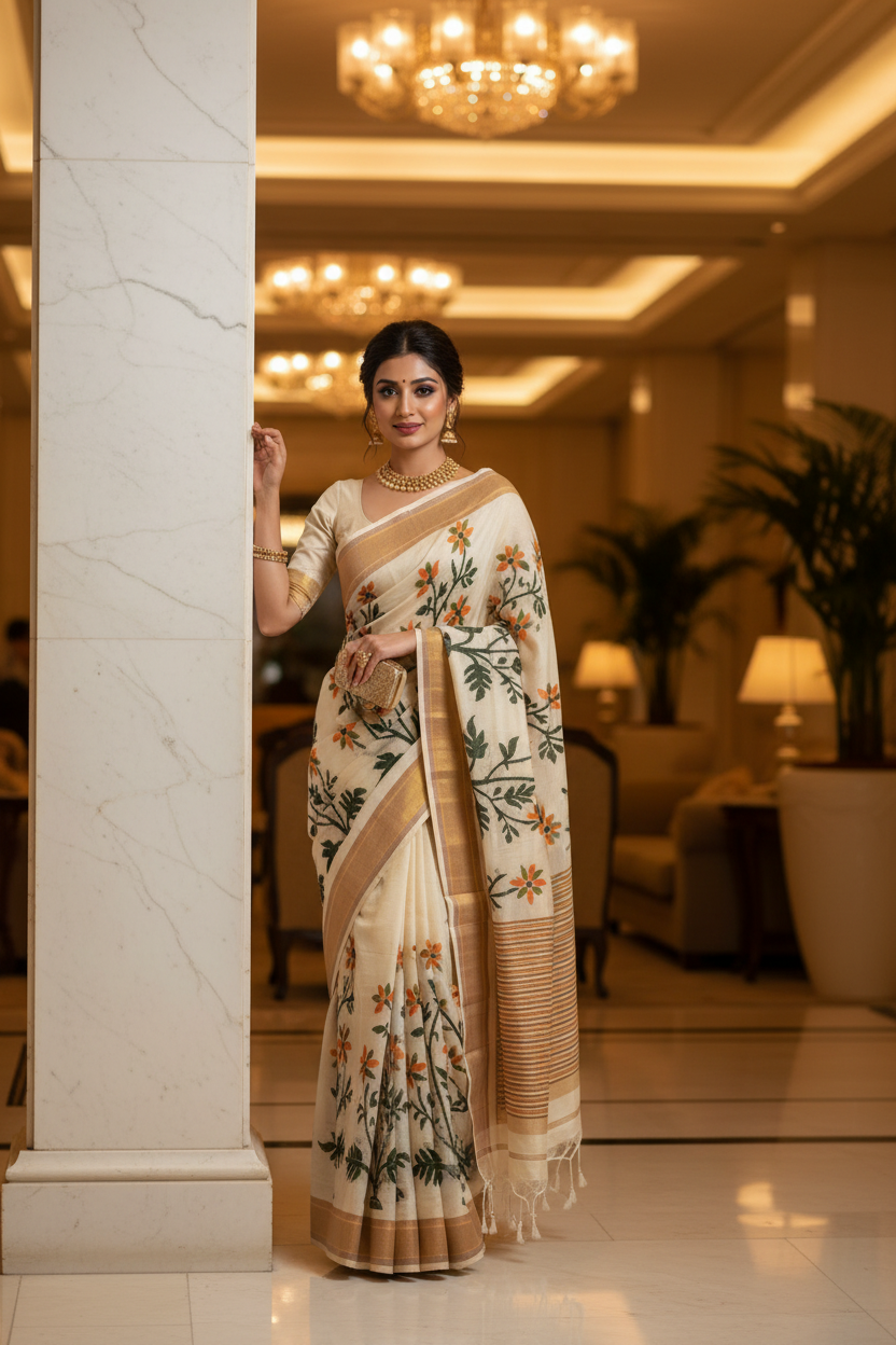 Kantha Tussar Saree - Marble Pillar