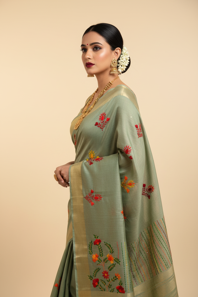 Indian fashion model wearing sage green floral embroidered silk saree, three quarter angle