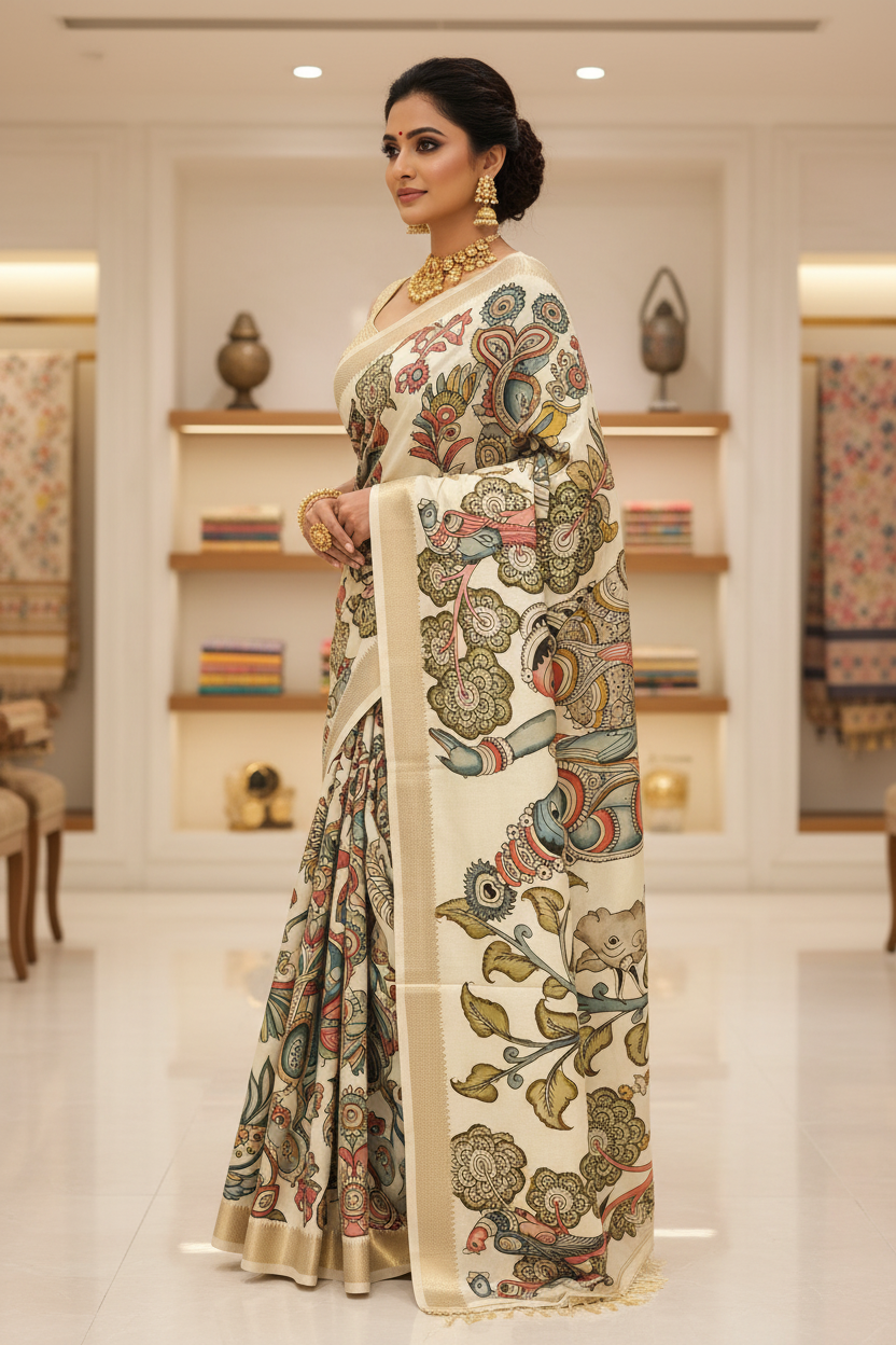 Kalamkari Tussar Cotton Saree - Side View