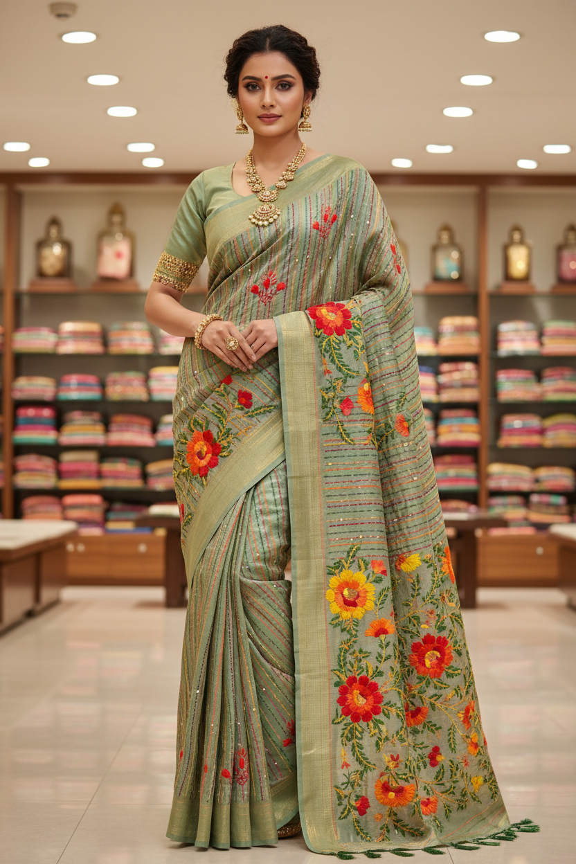 Indian fashion model wearing sage green floral embroidered silk saree, front view