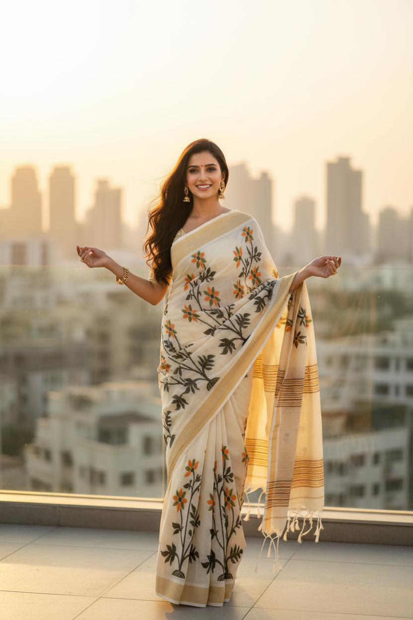Kantha Tussar Saree - Rooftop Sunset