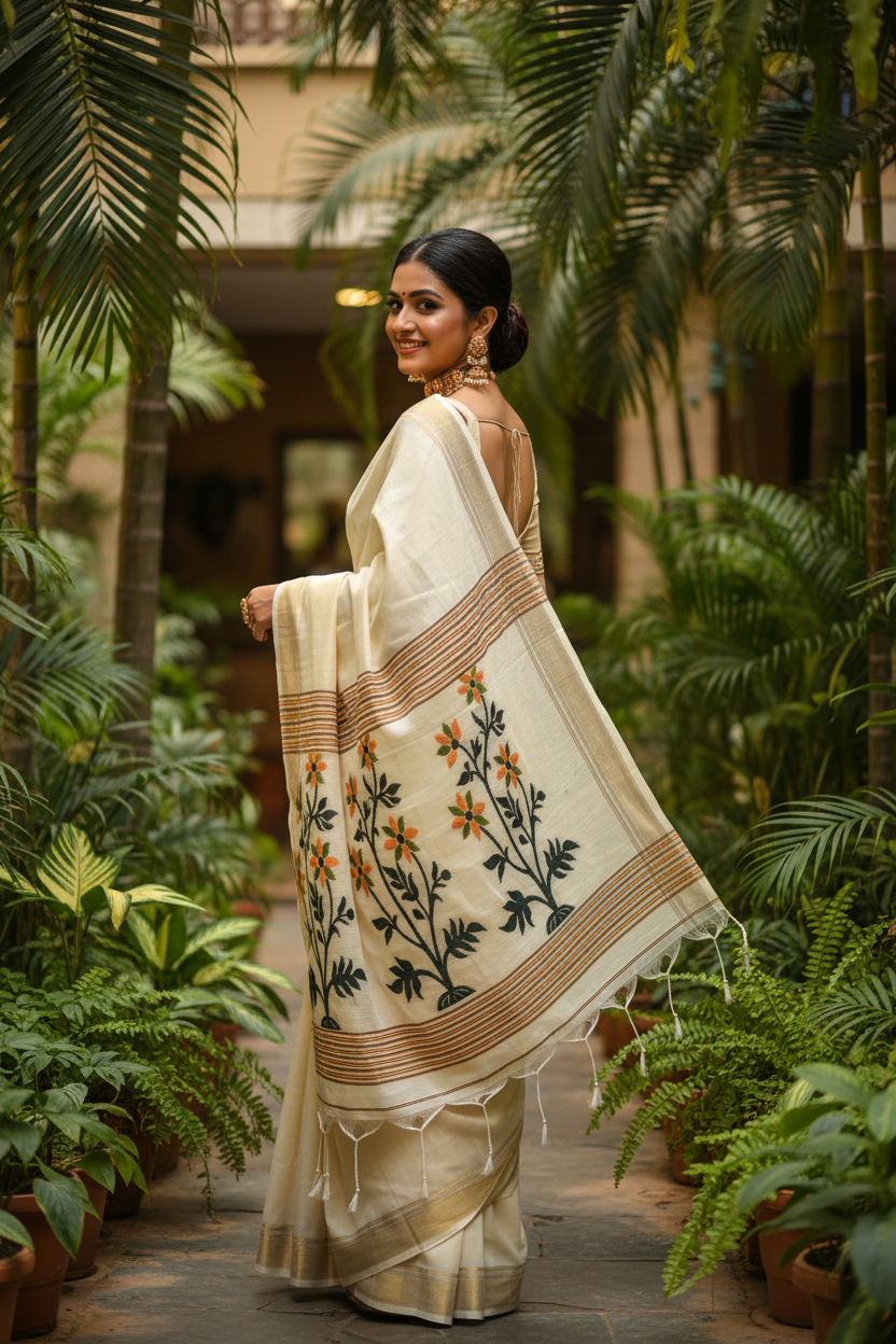 Kantha Tussar Saree - Garden Back View