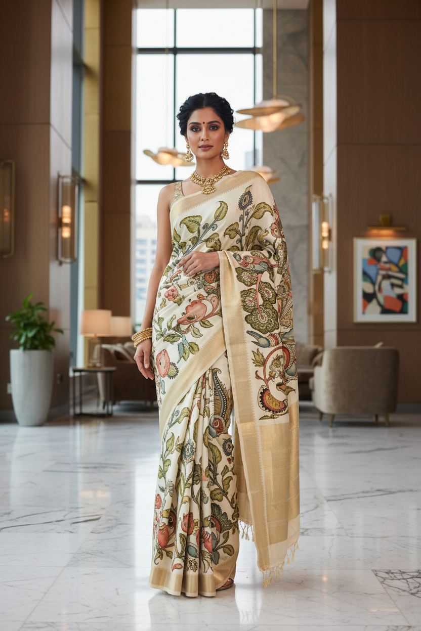 Kalamkari Silk Saree - Pose 1