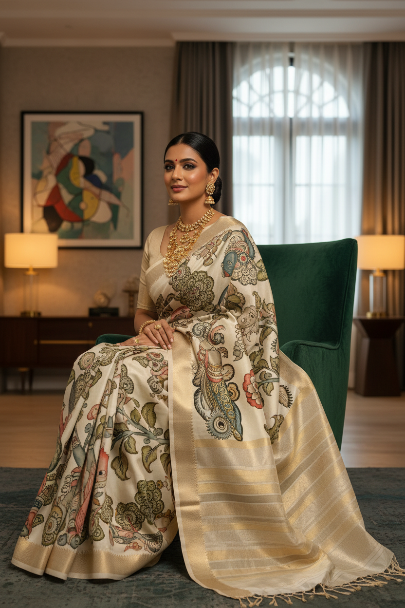 Kalamkari Silk Saree - Pose 2