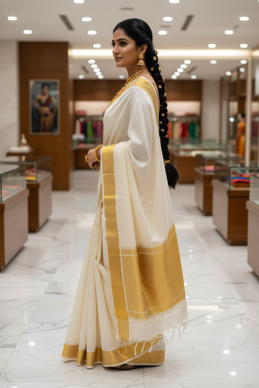 Kerala Silk Saree – Side Profile Fashion Shot