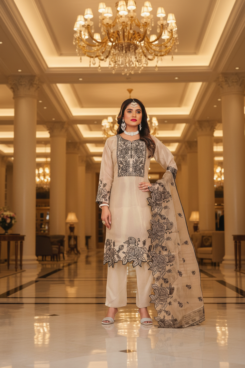 Pearl Blossom | Ivory & Black Floral Embroidered Organza Kurti Set | 3-Piece Ethnic Wear