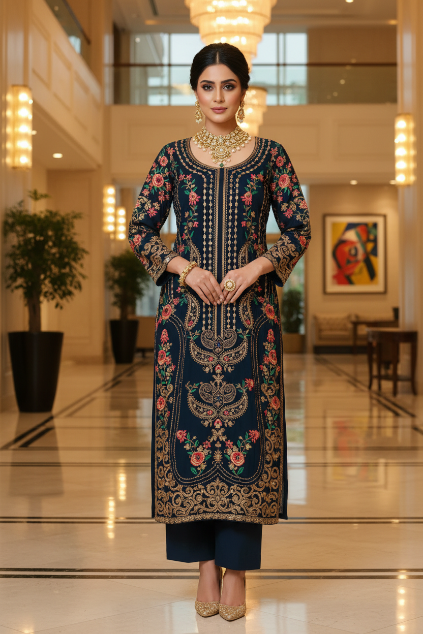 Navy Embroidered Pose 1