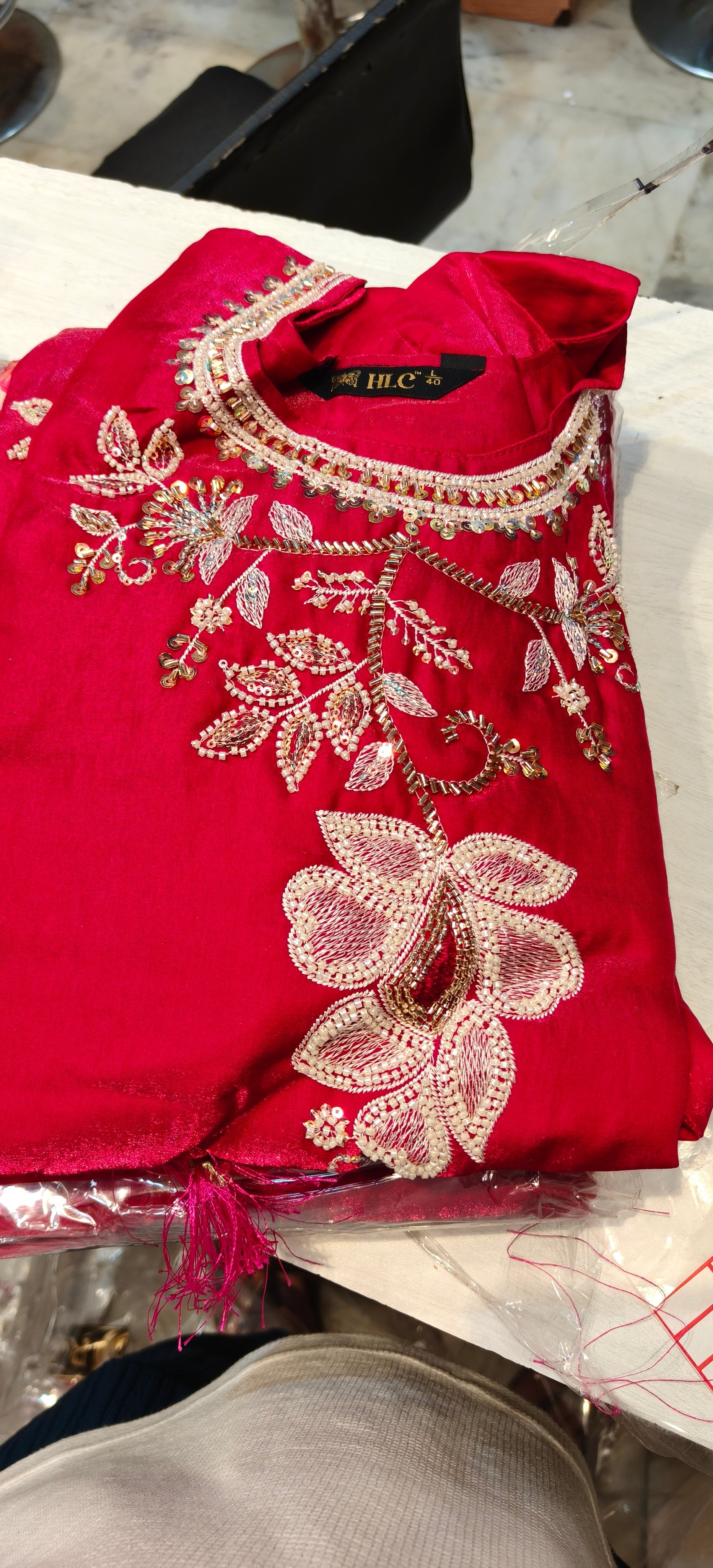 HLC Roman Glass Silk Embroidered Suit Set | Zardozi Floral Kurti with Printed Dupatta