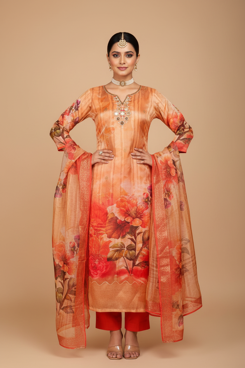 Peach Bloom Floral Organza Silk Kurta Set with red palazzo and sheer dupatta