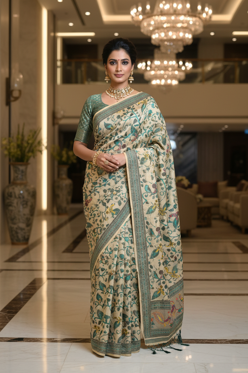 Teal Peacock Saree Pose 1
