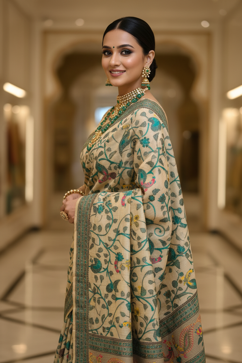 Teal Peacock Saree Pose 2