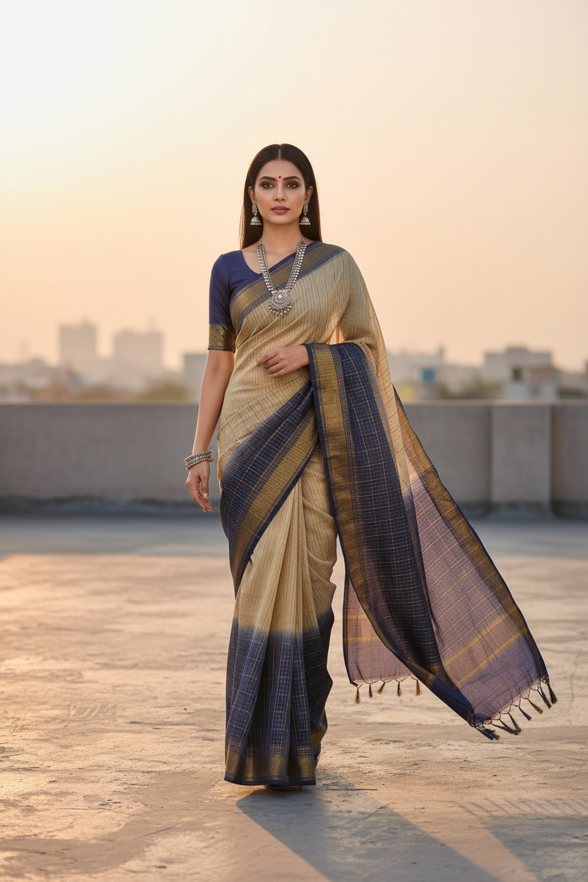 Tussar Navy Saree Pose 2
