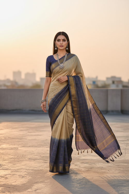 Tussar Navy Saree Pose 2