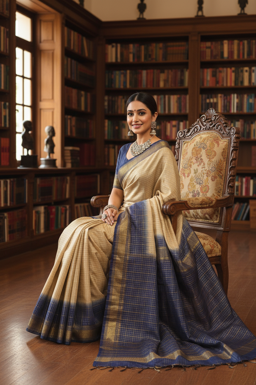 Tussar Navy Saree Pose 3